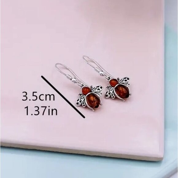 Imitation Amber Honeybee Dangle Earrings Silver Tone Hook - Picture 2 of 2